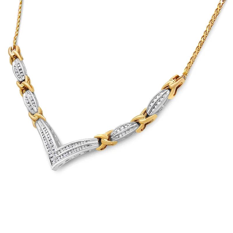 Square shape necklaces-10K Yellow and White Gold 1.0 Cttw Round and Princess cut Diamond "V" Shape Statement Necklace