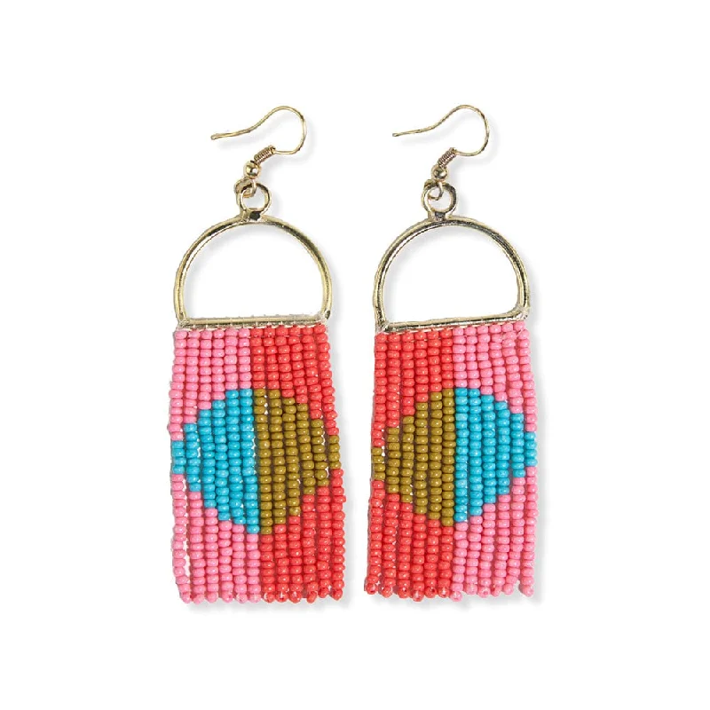 Cebu tile earrings-Allison Half Circle Color Block Beaded Fringe Earrings Tomato Red