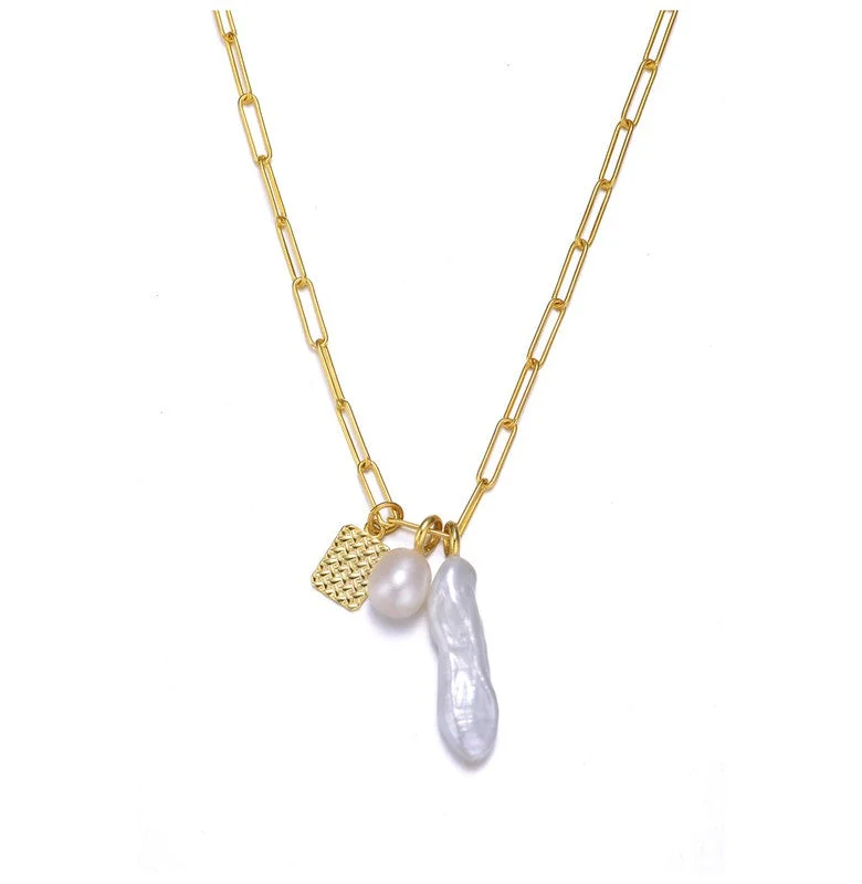 Amethyst healing necklaces-Sterling Silver 14k Gold Plated Genuine Freshwater Pearl Triple Pendant Necklace