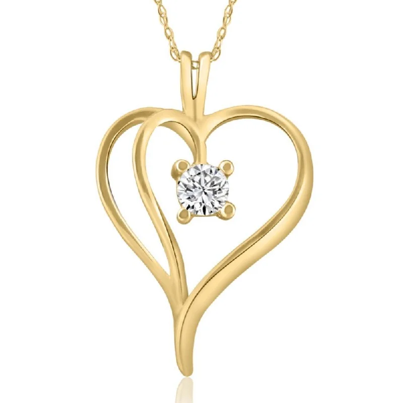 Sprite wing necklaces-1/3Ct Solitaire Round Diamond Heart Pendant & Chain 10K Yellow Gold 1" Tall