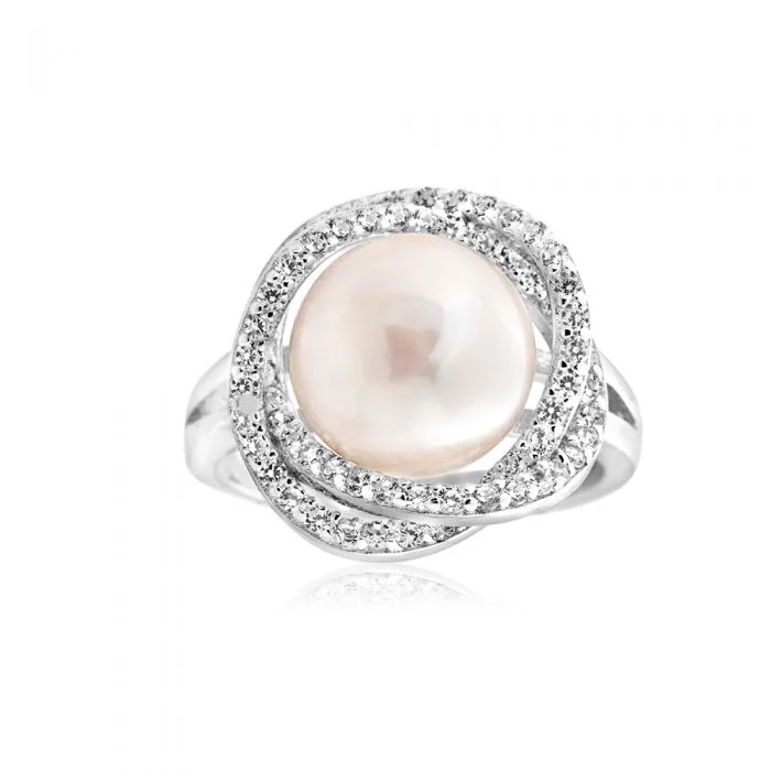 Warm wood rings-Sterling Silver Cubic Zirconia Freshwater Pearl Ring