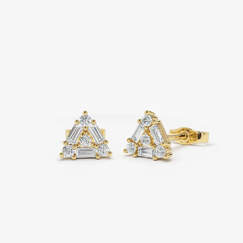 Wave design earrings-14k Triangle Shaped Round & Baguette Diamond Studs