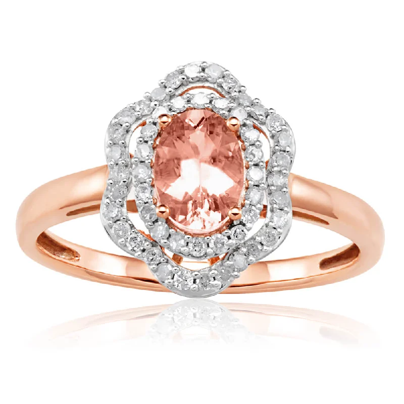 Ruby inlay rings-9ct Rose Gold Morganite 7x5mm 0.65 Carats and Diamonds 0.25 Carats Floral Halo Ring