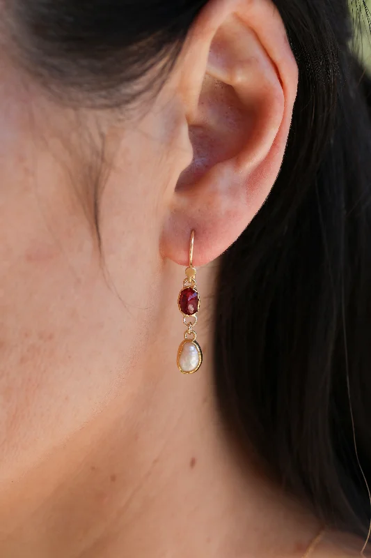 Thick tier earrings-Oval Ruby & Pearl Drop Earrings