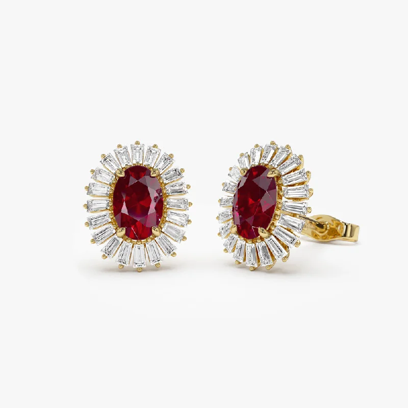 Smooth design earrings-14k Ruby and Baguette Diamond Ballerina Stud Earrings