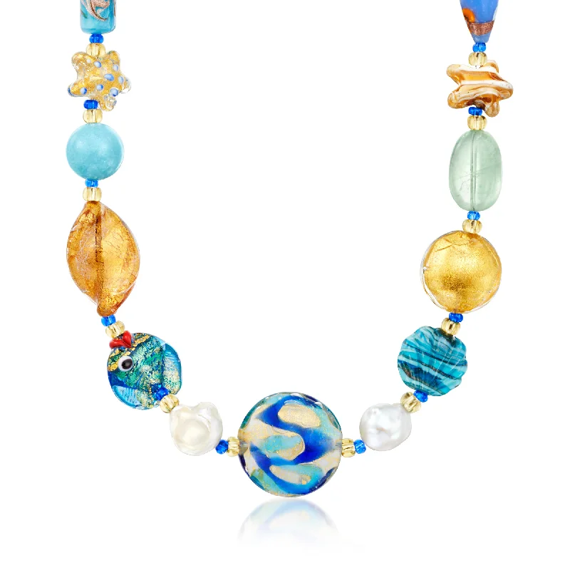 Thick link necklaces-Ross-Simons Italian Multicolored Murano Glass Bead, 6-14mm Cultured Pearl and Multi-Gemstone Bead Sea Life Necklace With 18kt Gold Over Sterling