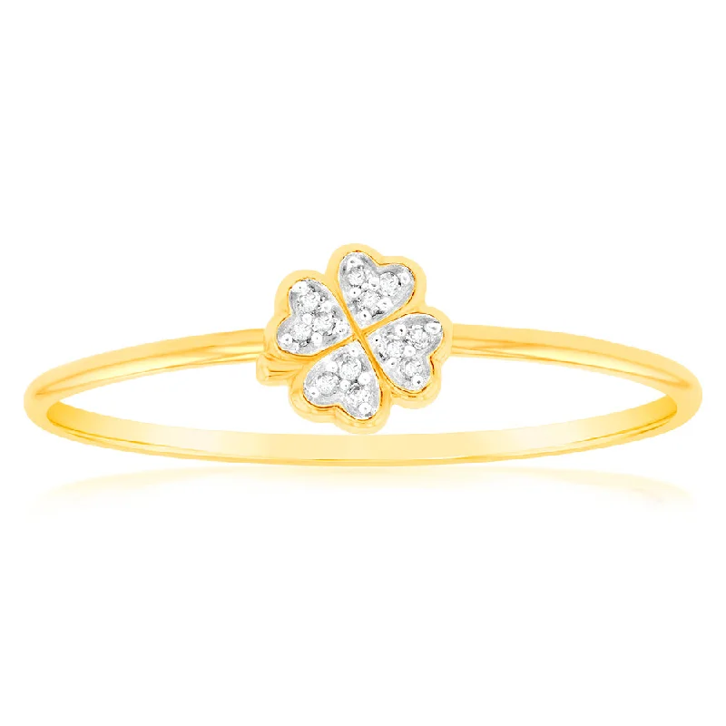 Raven design rings-9ct Yellow Gold Diamond 4 Leaf Clover Ring with 12 Brilliant Diamonds