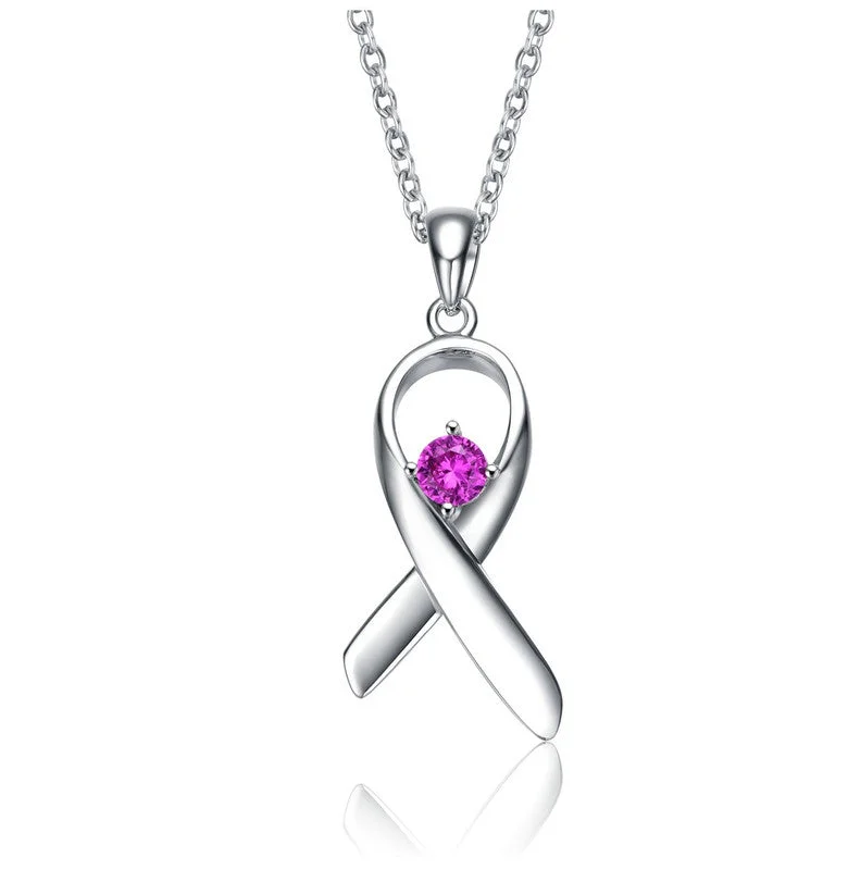 Art deco necklaces-Teens/Young Adults White Gold Plated Purple Stone in Ribbon Pendant Necklace