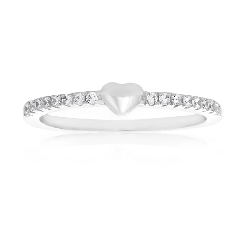 Light filigree rings-Sterling Silver Rhodium Plated Cubic Heart Channel Band Zirconia Ring