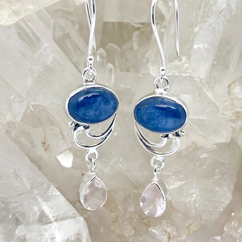 Cord bead earrings-Kyanite Sterling Silver Earrings With Rose Quartz $150