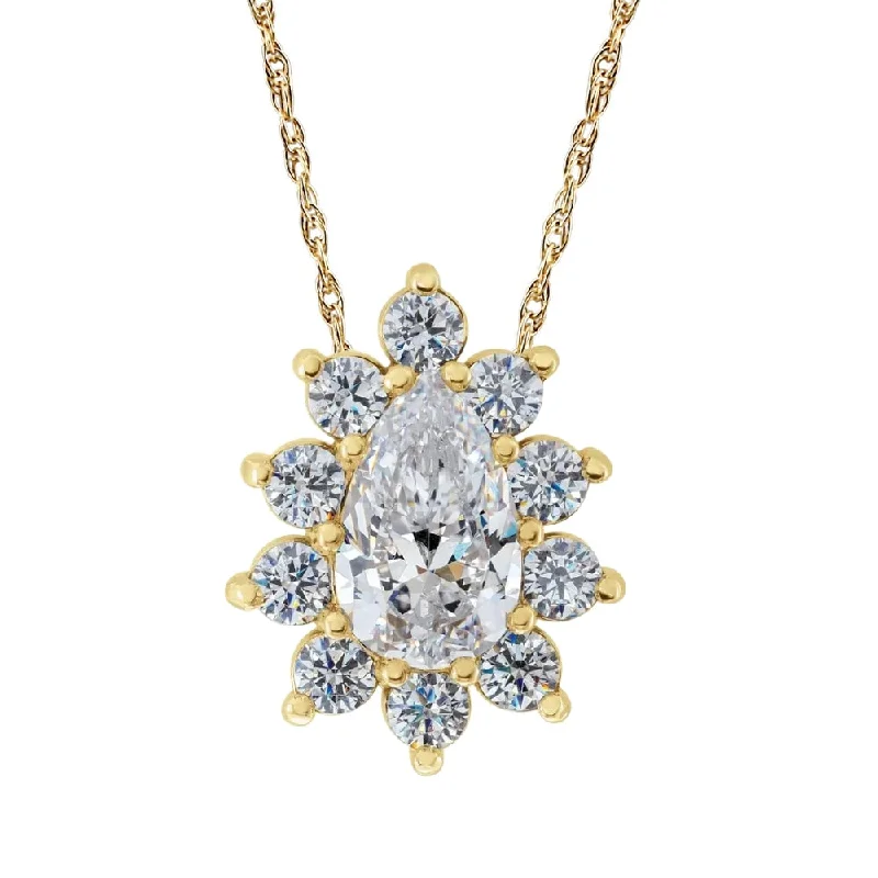 Fine beaded necklaces-1/2Ct Pear Shape Halo Lab Grown Diamond Pendant Necklace in White or Yellow Gold