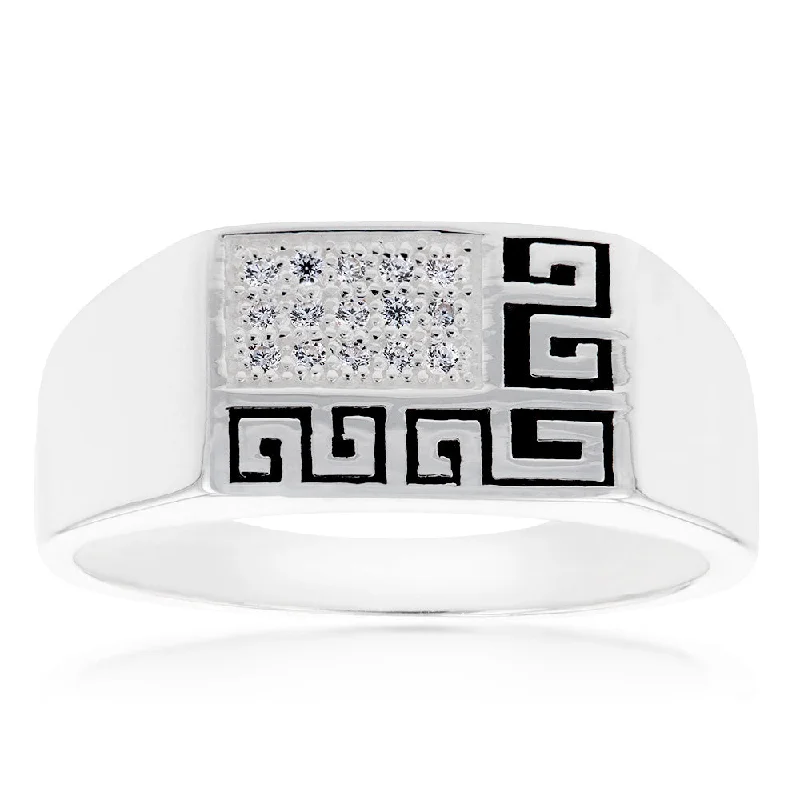 Bold druzy rings-Sterling Silver Cubic Zirconia And Greek Pattern On Gents Ring