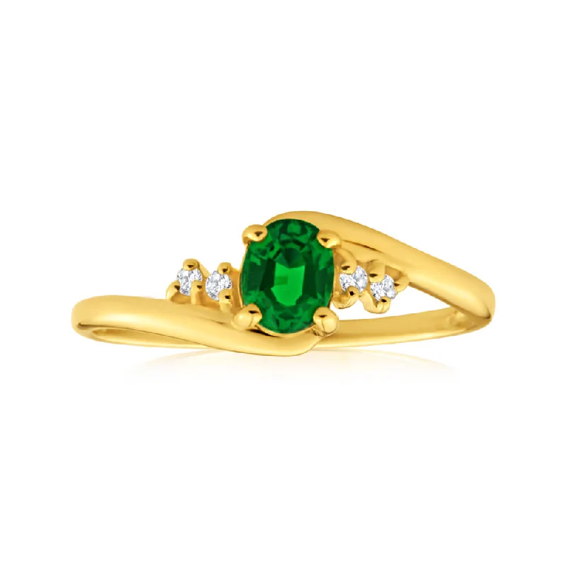 Beaded stone rings-9ct Yellow Gold Created Emerald + Cubic Zirconia Ring