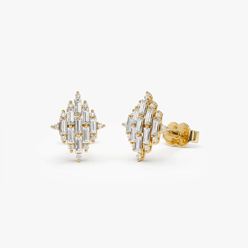 Fine triangle earrings-14k Trendy Baguette Diamond Cluster Studs