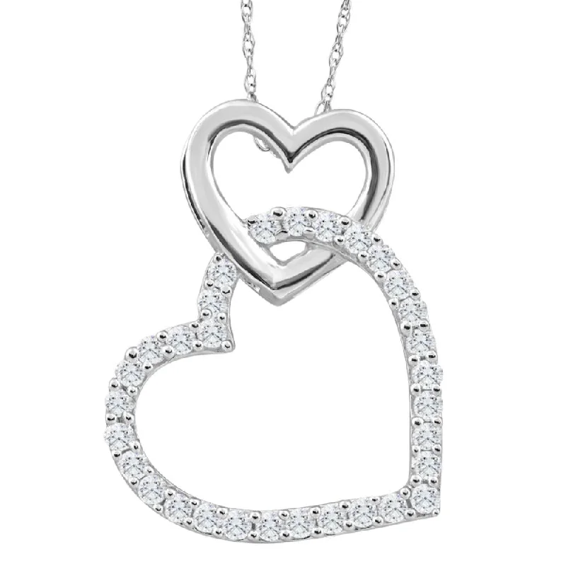 Lily flower necklaces-10K White Gold 1/4Ct TW Diamond Small Heart Pendant Necklace 1" Tall