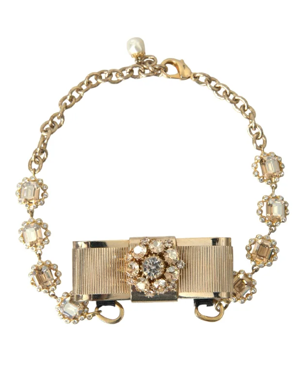 Wool thread necklaces-Dolce & Gabbana  Brass Clear Crystal Bow Chain Choker Women's Necklace