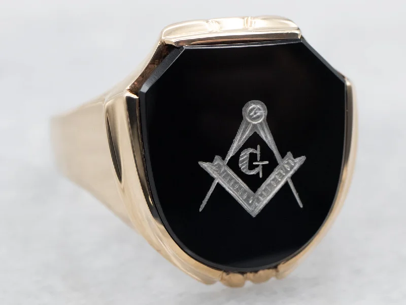 Wave shape rings-Vintage Gold Black Onyx Masonic Ring