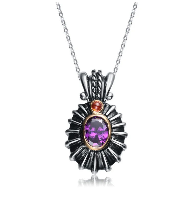 Gem weave necklaces-Sterling Silver Violet And Red Cubic Zirconia Black Pendant