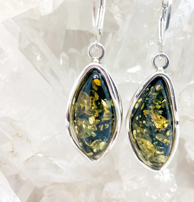 Oval dangle earrings-Green Amber Sterling Silver Earrings $150