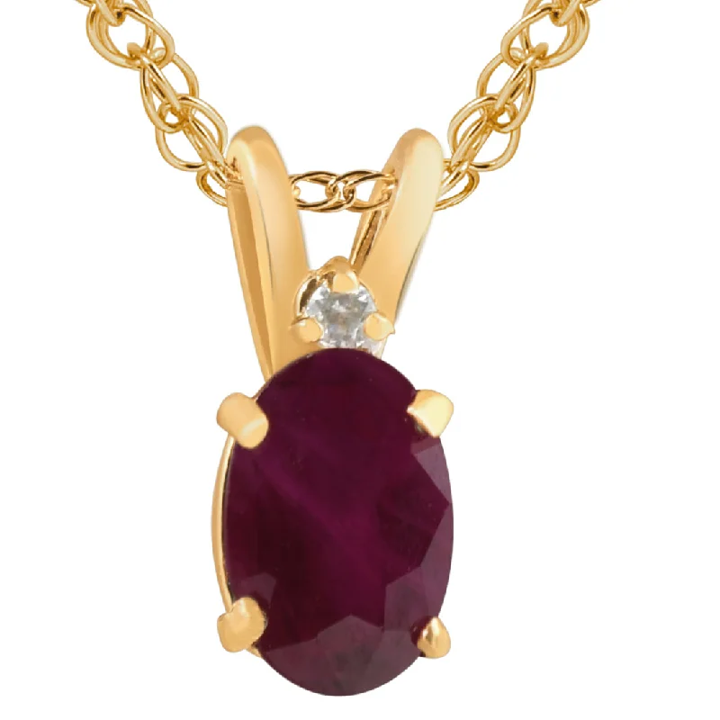 Offset design necklaces-Oval Ruby & Diamond Solitaire Pendant 14 KT Yellow Gold With 18" Chain