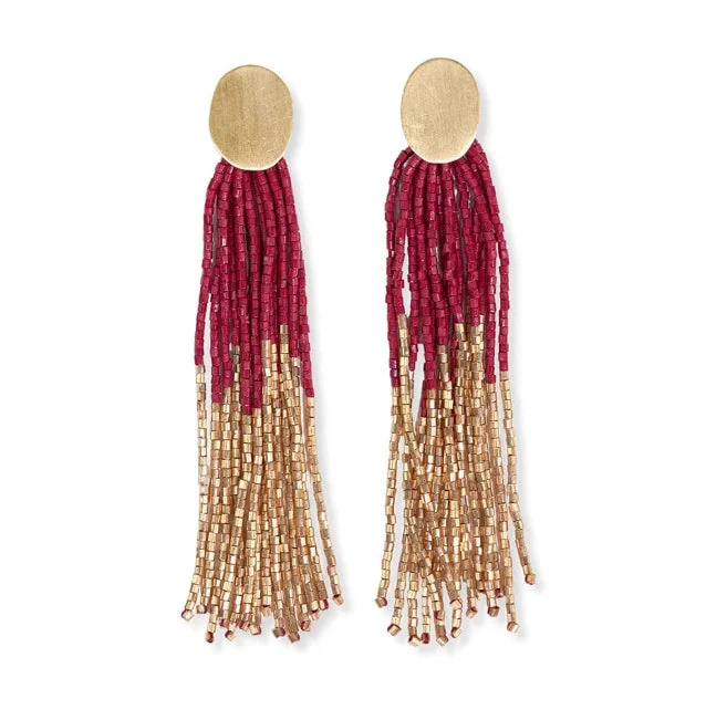 Nomad weave earrings-Mae Oval Brass Post 2-Color Beaded Tassel Earrings