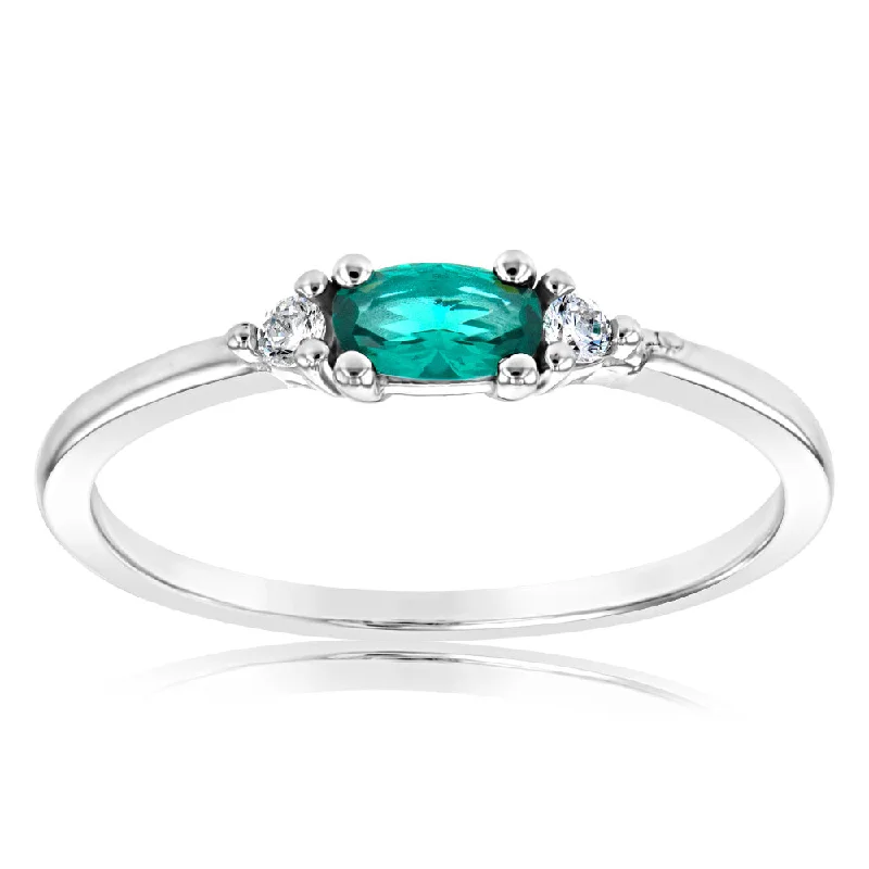 Vivid diamond rings-Sterling Silver Rhodium Plated Oval Created Emerald And White CZ Emerald Ring