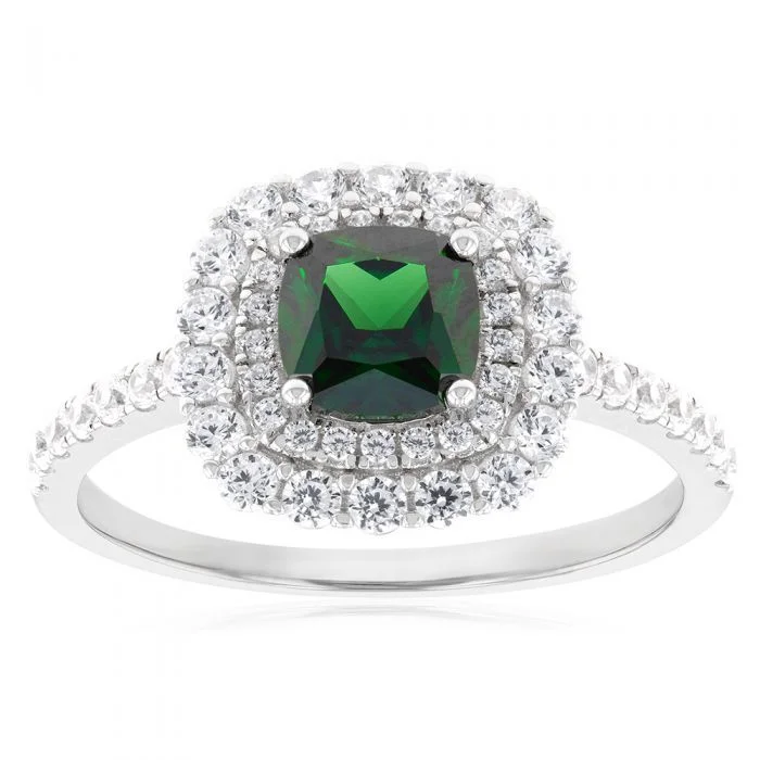 Onyx gem rings-Sterling Silver Rhodium Plated Green And White Cubic Zirconia Cushion Ring