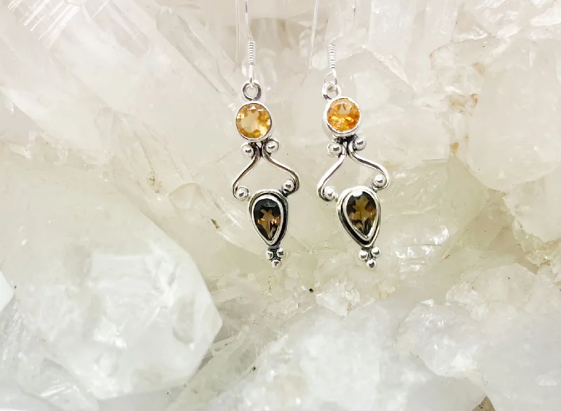 Smooth drop earrings-Smokey Quartz Sterling Silver Earrings with Citrine $100