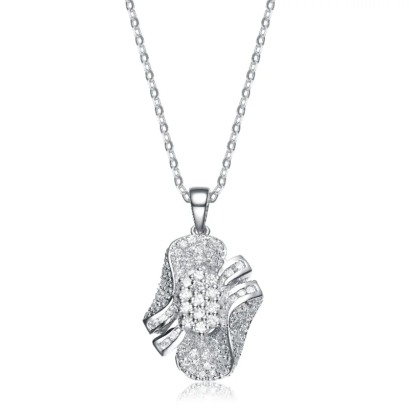 Clear-line necklaces-Sterling Silver White Cubic Zirconia Flowing Design Pendant