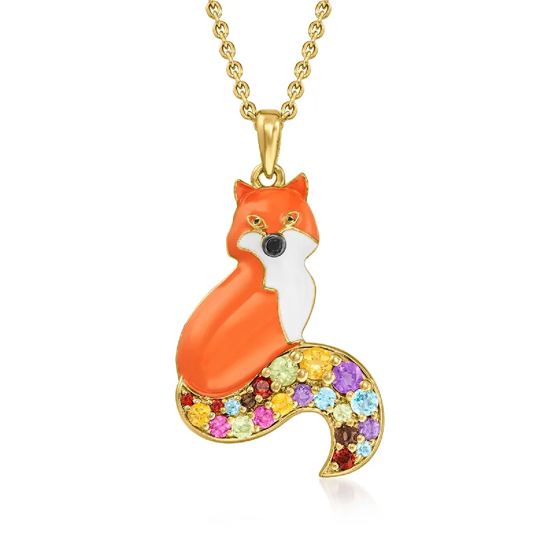 Gem weave necklaces-Ross-Simons Multi-Gemstone and Multicolored Enamel Fox Pendant Necklace in 18kt Gold Over Sterling