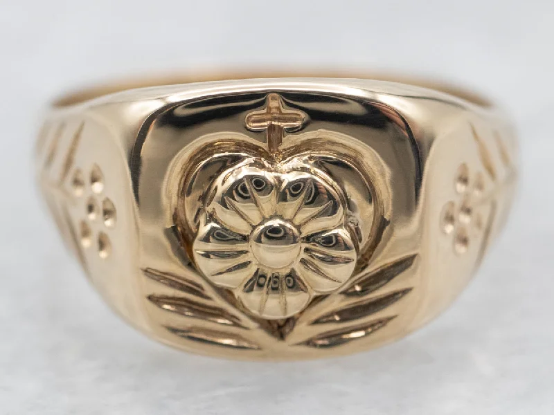 Smooth design rings-Yellow Gold Floral Signet Ring