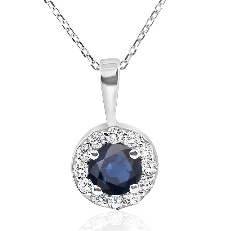 Lily flower necklaces-1 ct Blue Sapphire & Diamond Halo Pendant 14k White Gold & 18" Chain