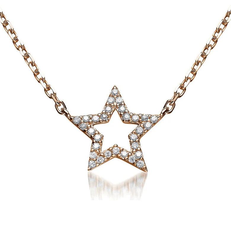 Silk cord necklaces-C.z. Sterling Silver Rose Plated Star Shape Micro Pave Pendant