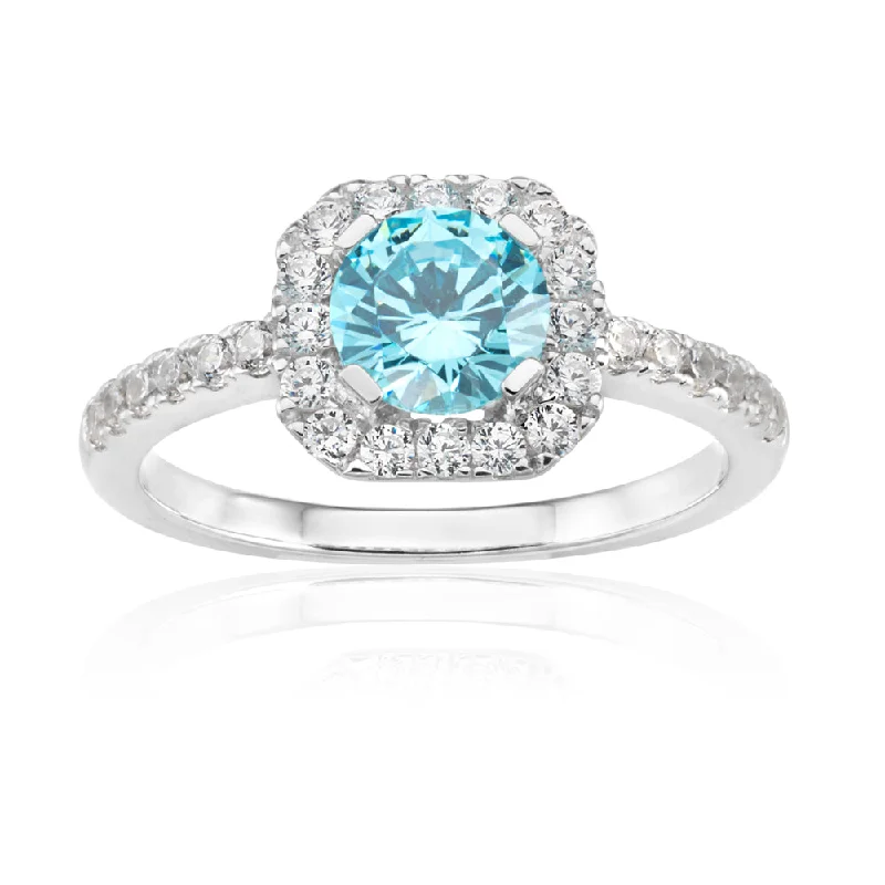 Loop band rings-Sterling Silver Rhodium Plated Light Blue Zirconia Asscher Cut Halo Ring