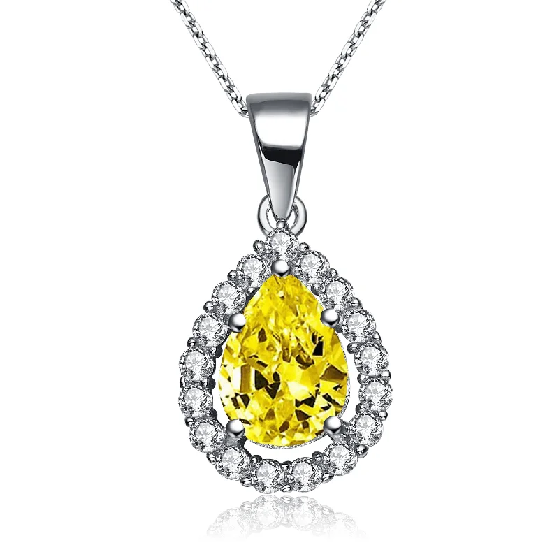 Pure crystal necklaces-Sterling Silver Yellow And Clear Cubic Zirconia Pear Drop Solitaire Necklace