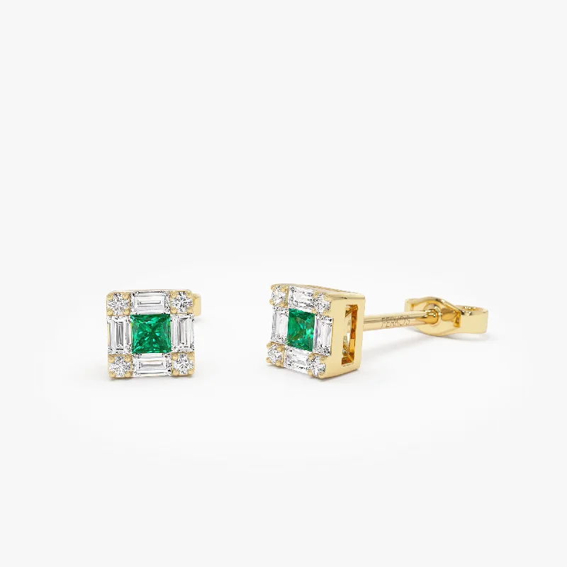 Bright bead earrings-14K Princess-Cut Emerald Stud Earrings with Diamond Halo