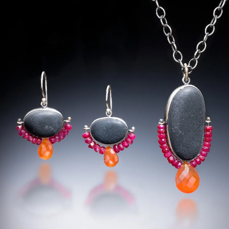 Bright silver earrings-Ruby Rock Earrings and Necklace