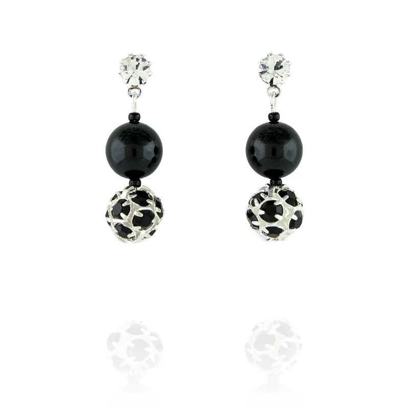 Freshwater pearl earrings-Black Pearl & Rhinestone Bead Earrings