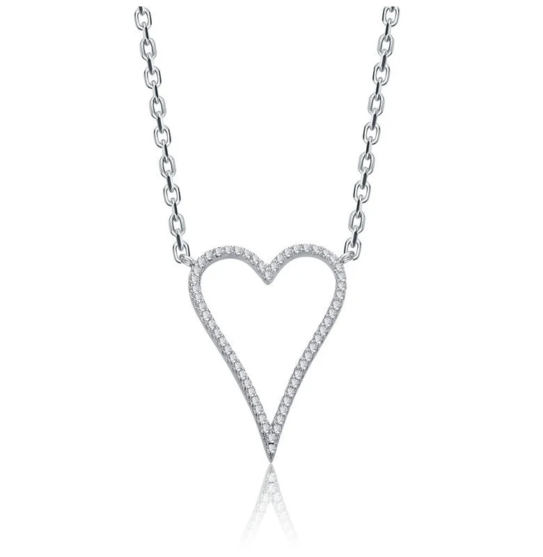 Clear-line necklaces-White Gold Plated with Clear Cubic Zirconia Elongated Open Heart Halo Pendant Necklace