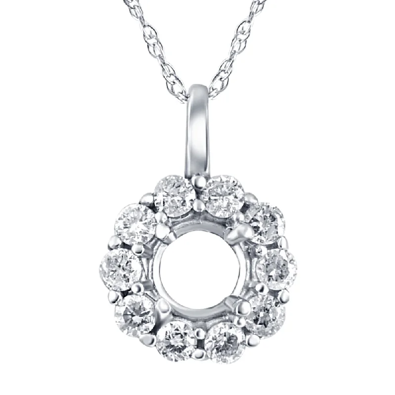 Bright gold necklaces-1/3ct Diamond Halo Pendant Mounting Fits 5.5-6.5mm Round Stone 14k White Gold