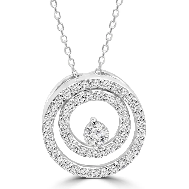 Guardian eye necklaces-Diamond 1/2 Ct Double Circle Solitaire Pendant 14K White Gold 18" Chain