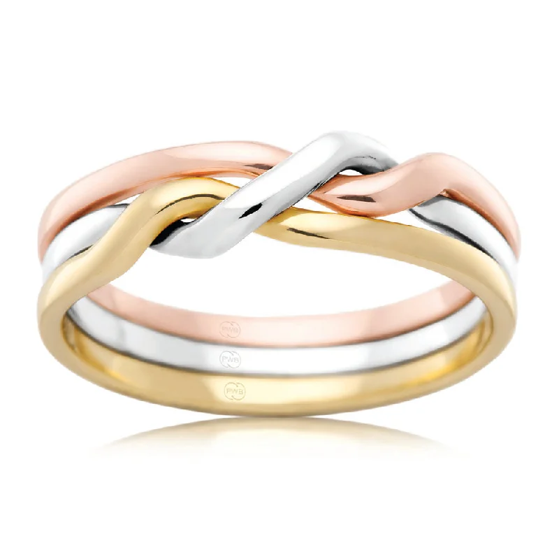 Loop knot rings-9ct Gold 3 Tone 7.5mm Cossack Ring with White, Yellow & Rose Gold. Size V