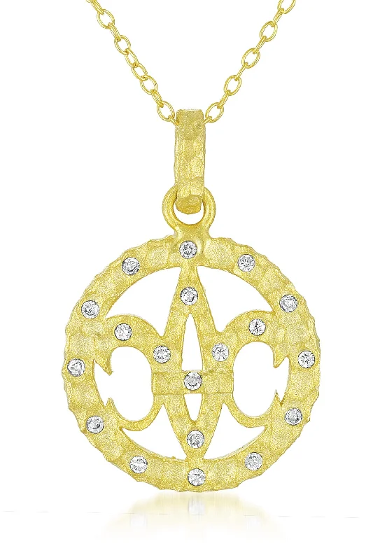 Guardian eye necklaces-C.z. Sterling Silver Gold Plated Fleur De Lis Round Drop Pendants