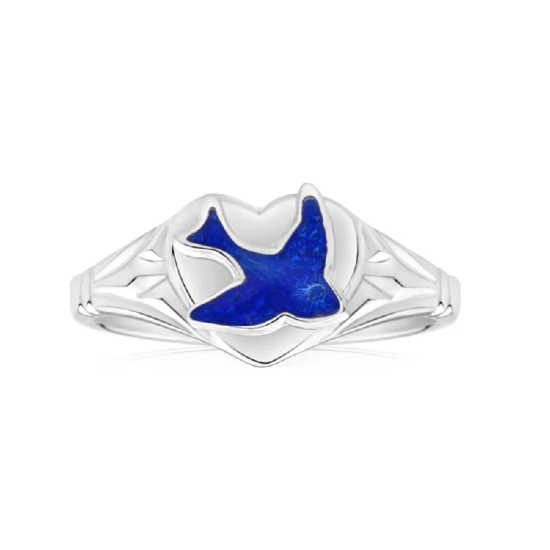 Loop knot rings-Sterling Silver Kids Signet Ring With Bluebird