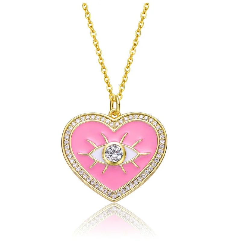 Light filigree necklaces-Young Adults/Teens 14k Yellow Gold Plated with Clear Cubic Zirconia Pink Enamel Heart Pendant