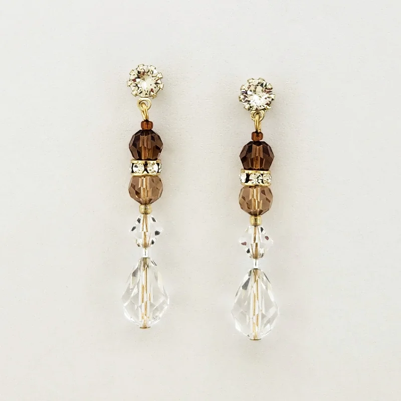 Onyx stone earrings-Brown Beaded Crystal Earrings with Clear Drop