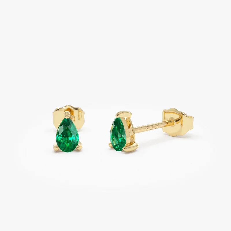 Fern pattern earrings-14K  Pear Shaped Emerald Stud Earrings