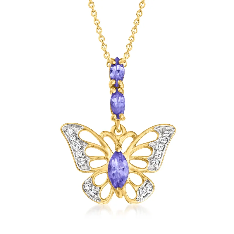 Mini bead necklaces-Ross-Simons Tanzanite and . White Topaz Butterfly Pendant Necklace in 18kt Gold Over Sterling