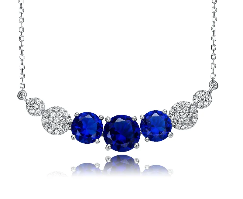 Victorian style necklaces-Sterling Silver with Blue Sapphire & Diamond Cubic Zirconia Chevron Pendant Necklace