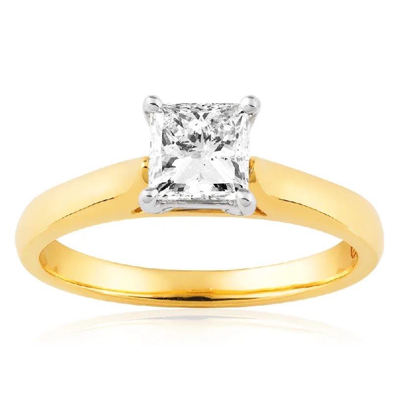 Bead line rings-18ct Yellow Gold & White Gold Solitaire Ring With 1 Carat Princess Diamond